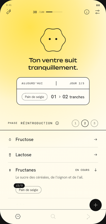 L'accueil de GutQuest : l'état du ventre, la phase en cours et le test du jour.